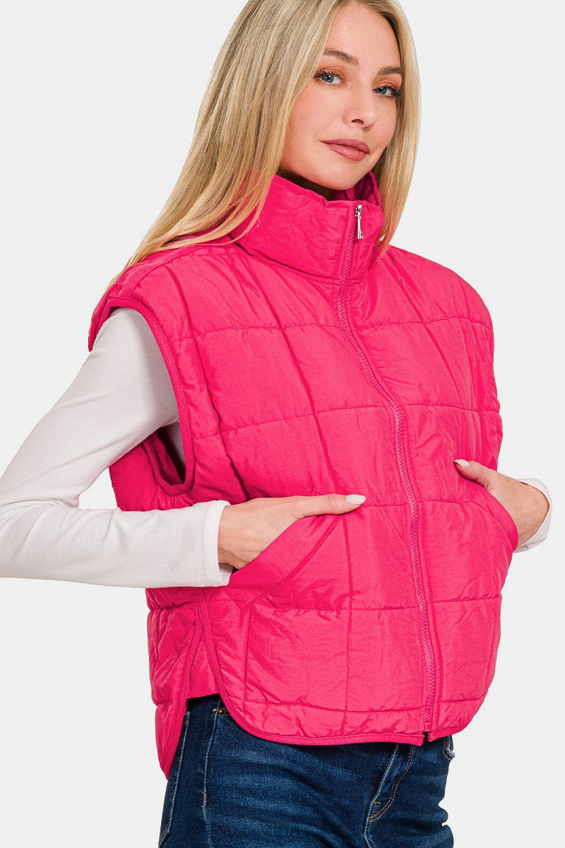 Zenana Zip Up Cropped Puffer Vest with Pockets Trendsi