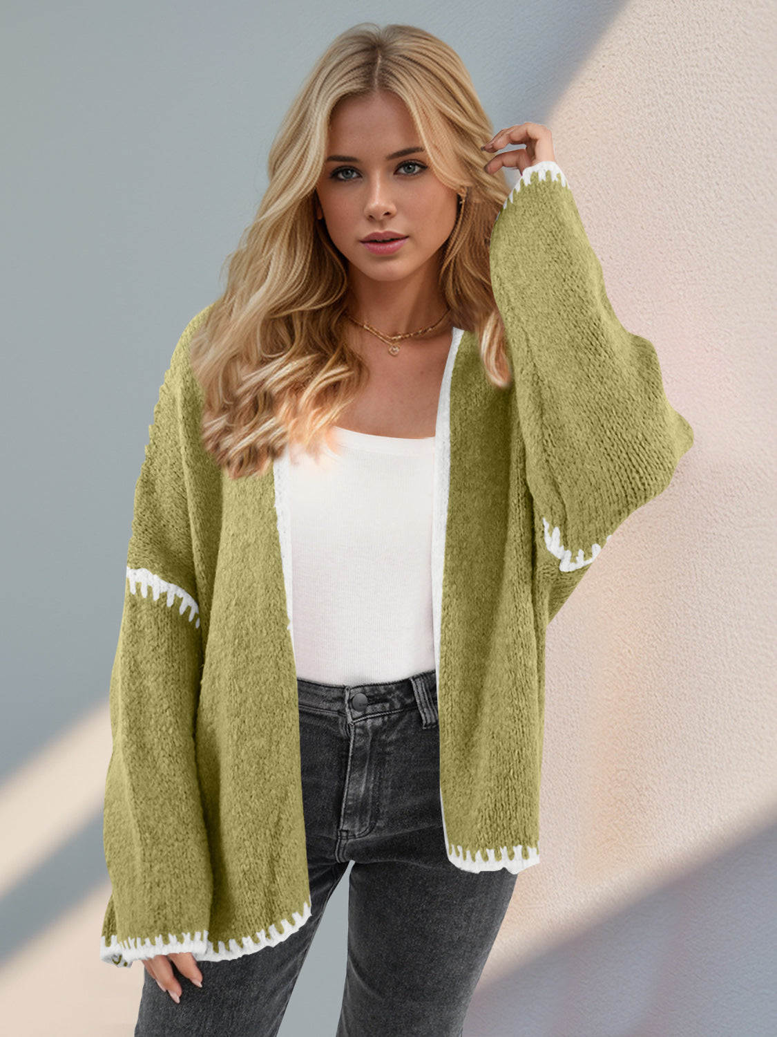 Double Take Contrast Open Front Dropped Shoulder Cardigan Trendsi