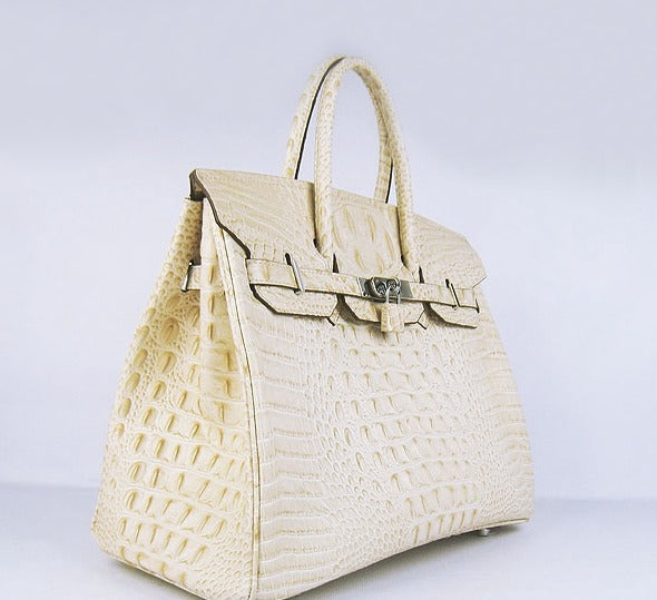 HMS Birkin 35cm Crocodile Head Veins Handbags Beige Silver - sneakerlandnet