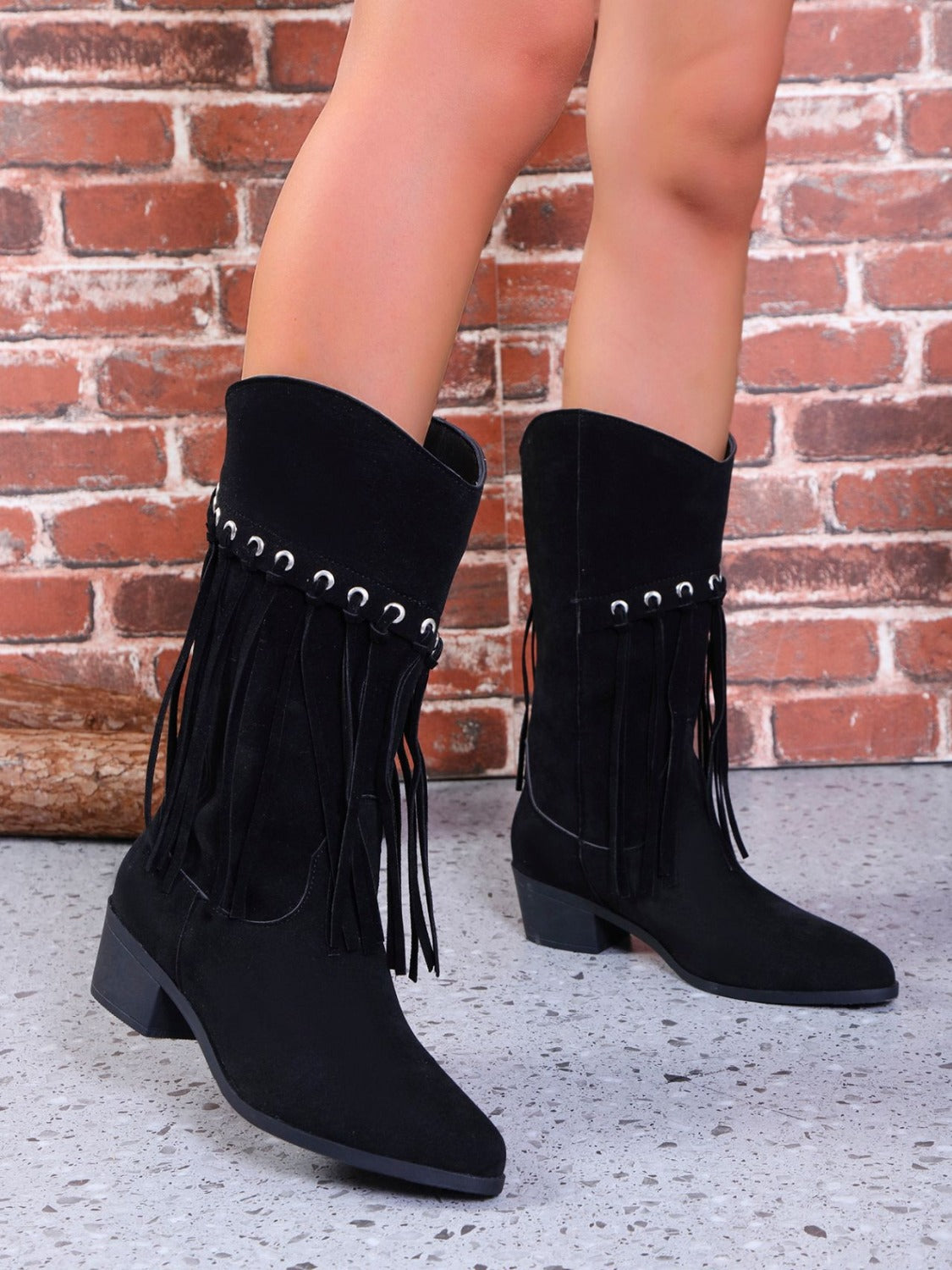 Fringe Suede Point Toe Block Heel Boots Trendsi