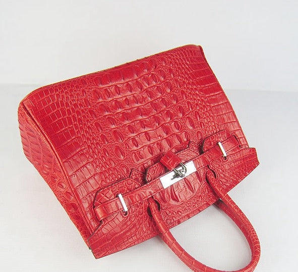 Birkin 30cm Crocodile Head Vein Handbags Red Silver - sneakerlandnet