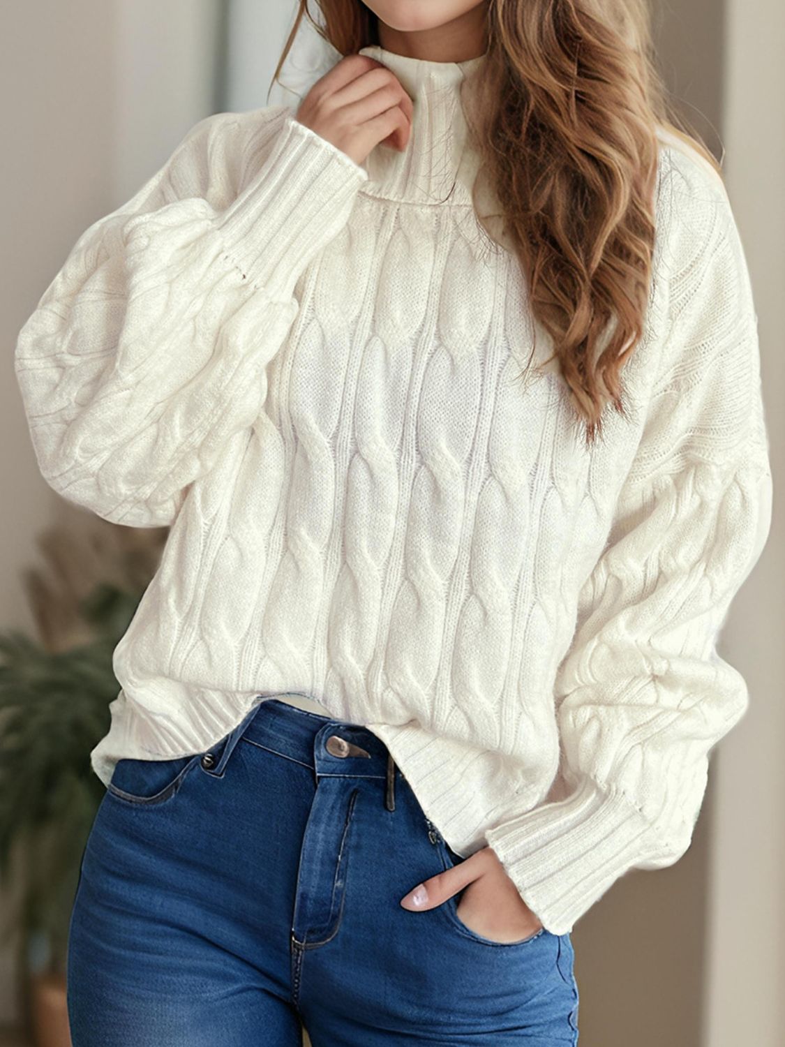 Cable-Knit Turtleneck Long Sleeve Sweater Trendsi