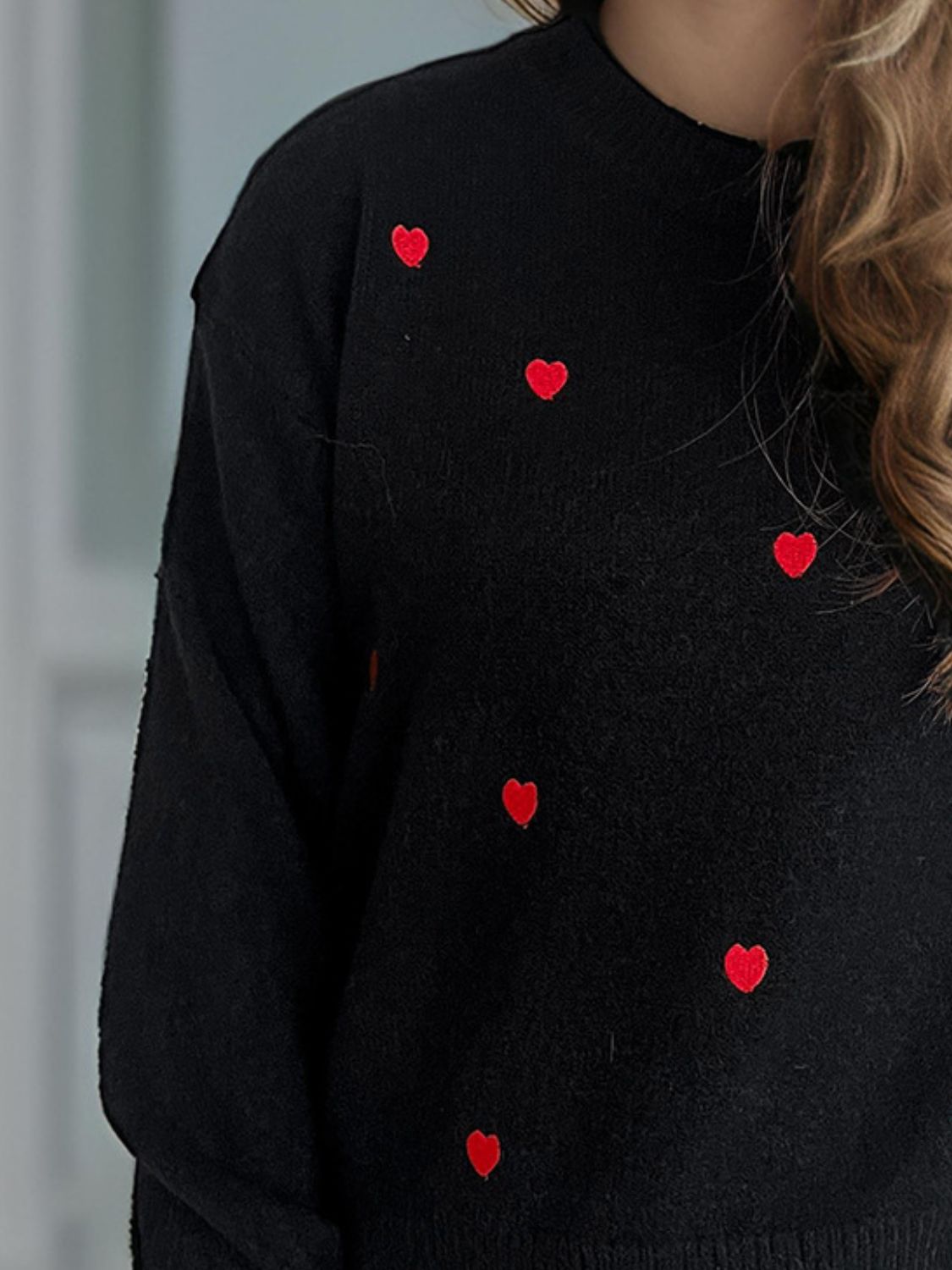 Heart Round Neck Long Sleeve Sweater Trendsi