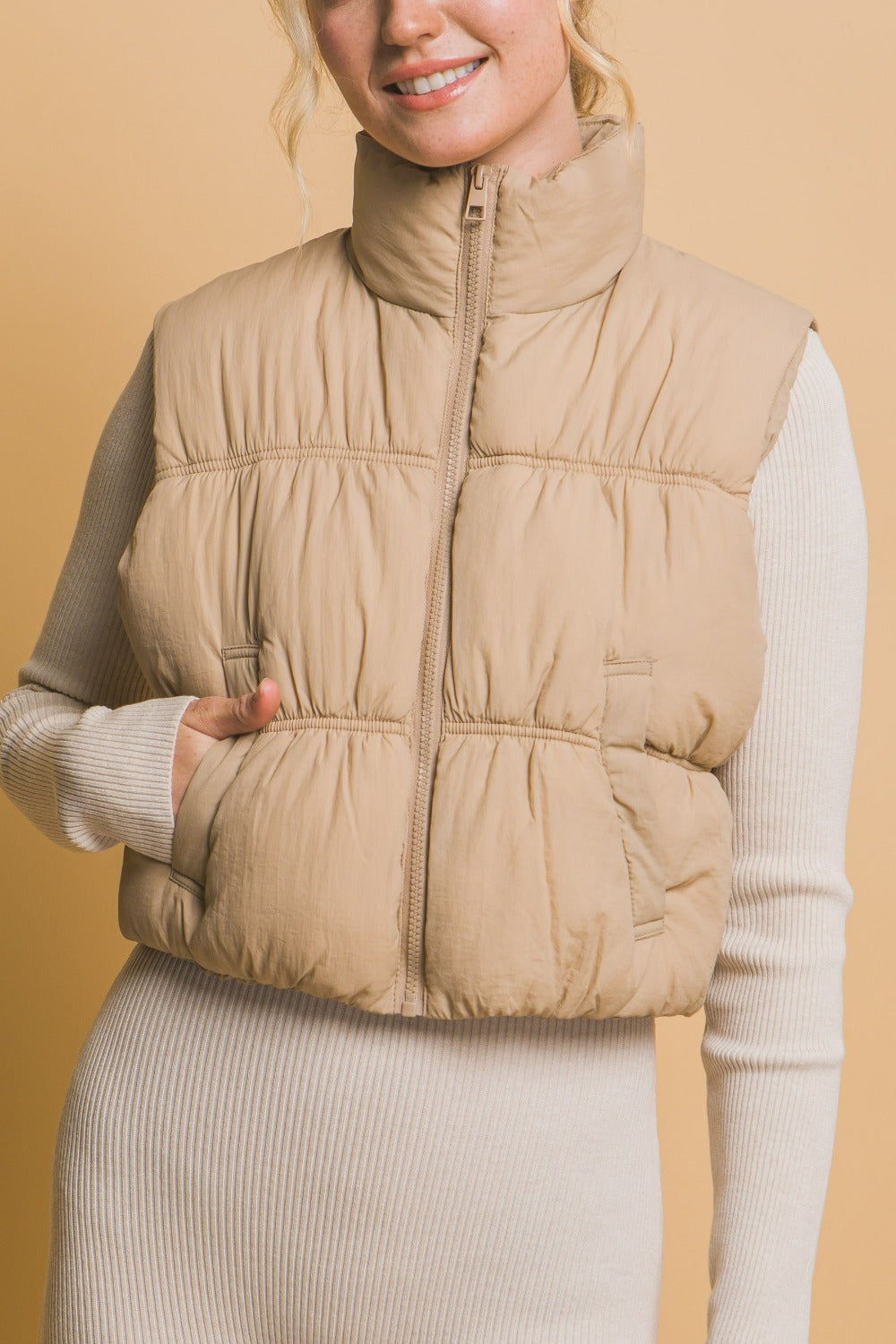 Love Tree Zip Up Turtleneck Cropped Vest Coat Trendsi