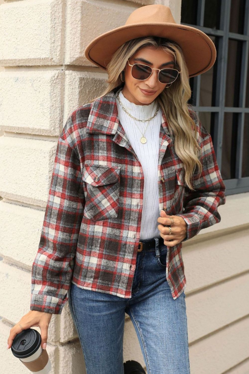 Pocketed Plaid Collared Neck Dropped Shoulder Jacket Trendsi