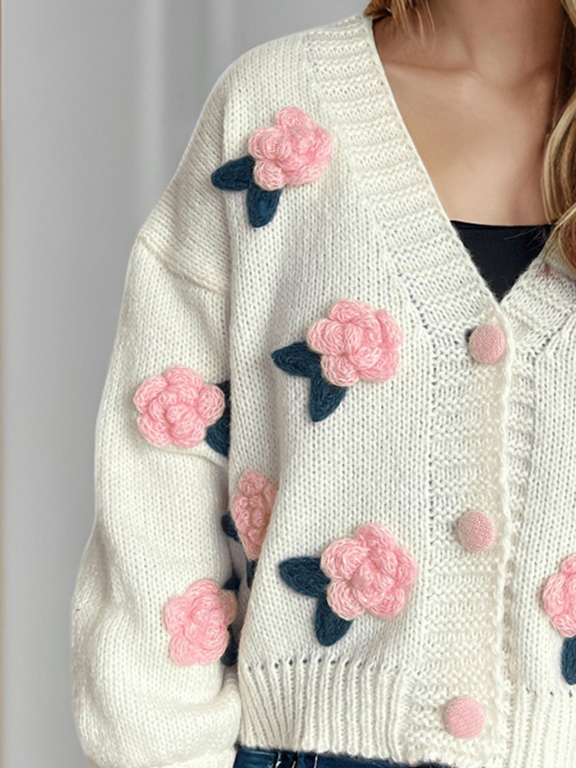 Flower Button Down V-Neck Long Sleeve Cardigan Trendsi