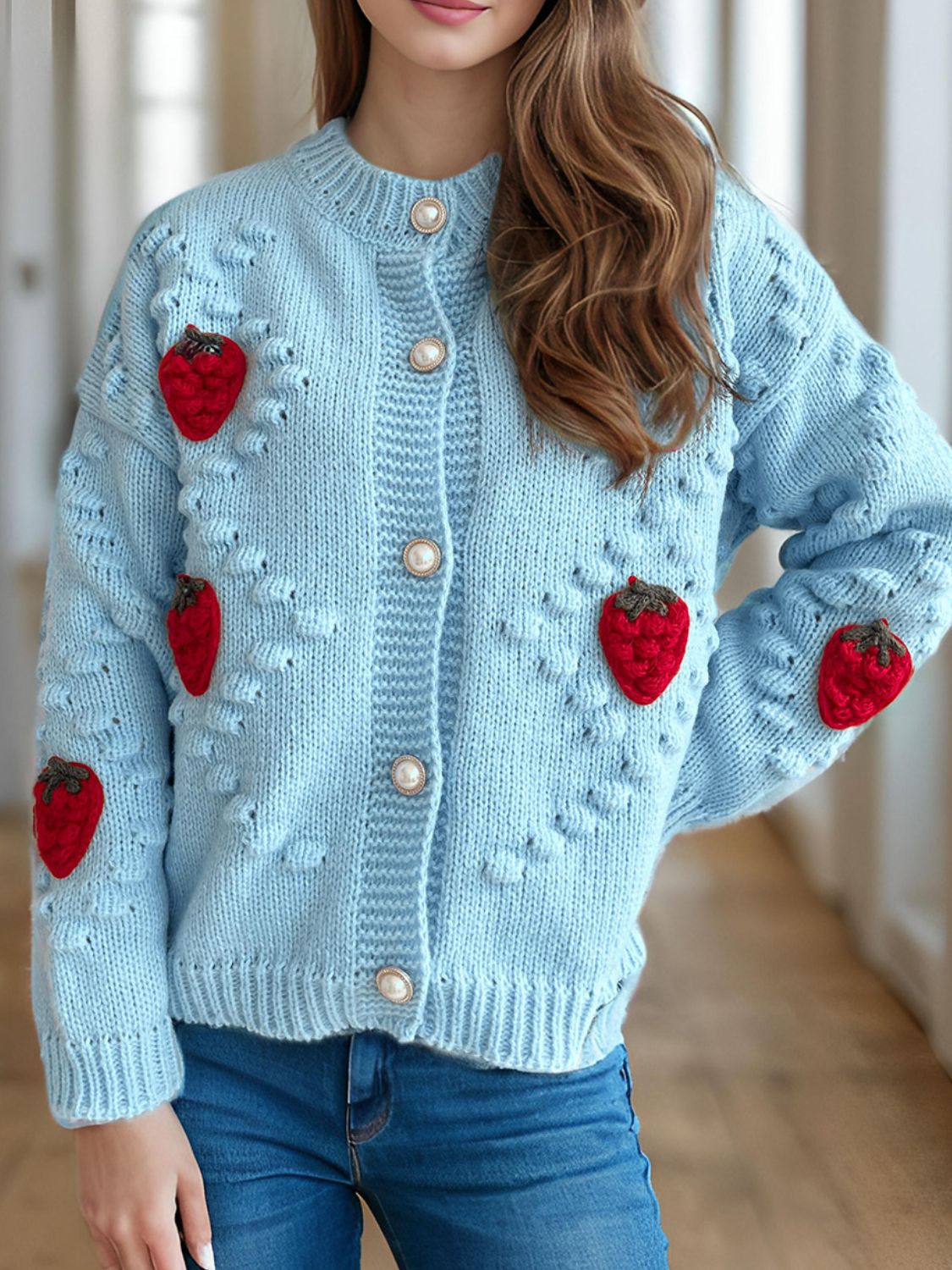 Strawberry Button Down Long Sleeve Cardigan Trendsi