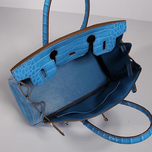 Birkin 30cm Crocodile Leather Bag With Strap Blue Gold - sneakerlandnet