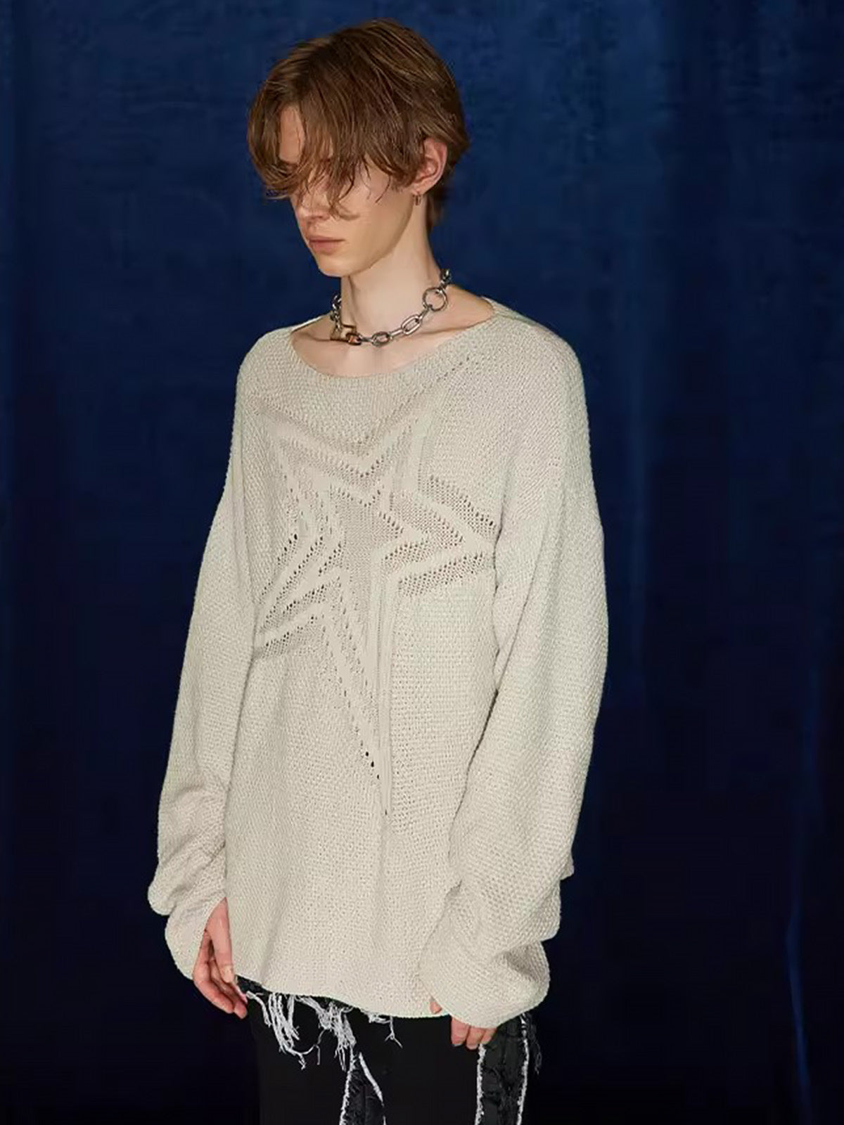 Sneakerhill Star Cutout Dropped Shoulder Knit Sweater