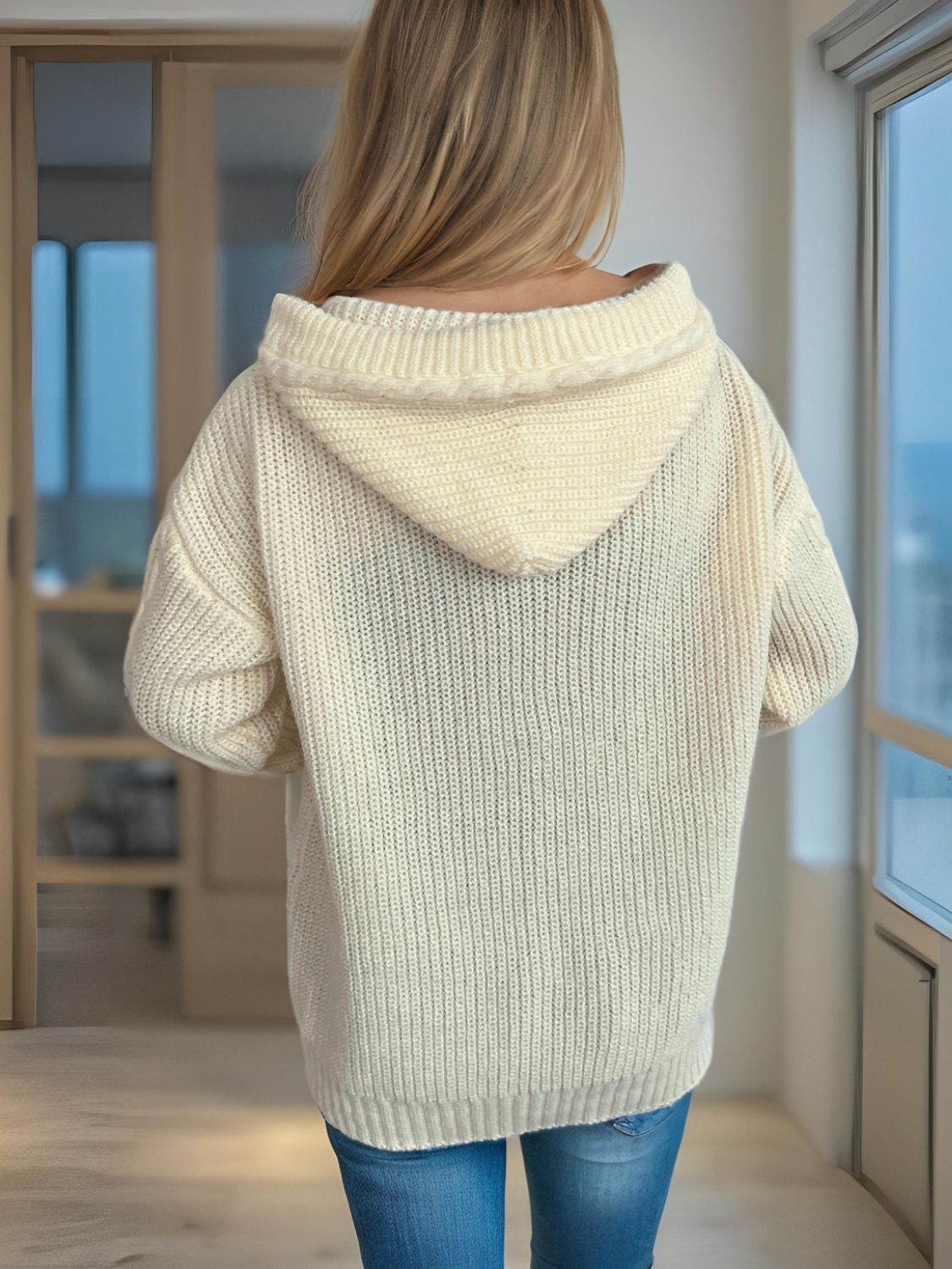 Cable-Knit Long Sleeve Hooded Cardigan Trendsi