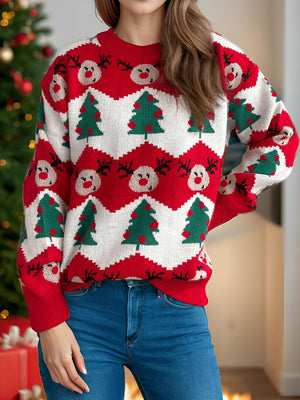 Christmas Element Round Neck Long Sleeve Sweater Trendsi