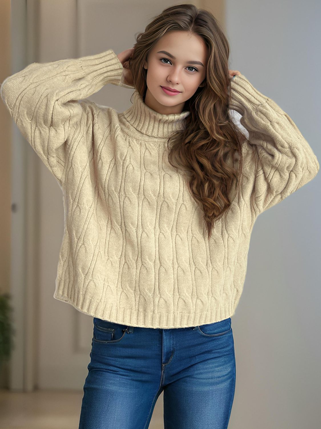 Cable-Knit Turtleneck Long Sleeve Sweater Trendsi