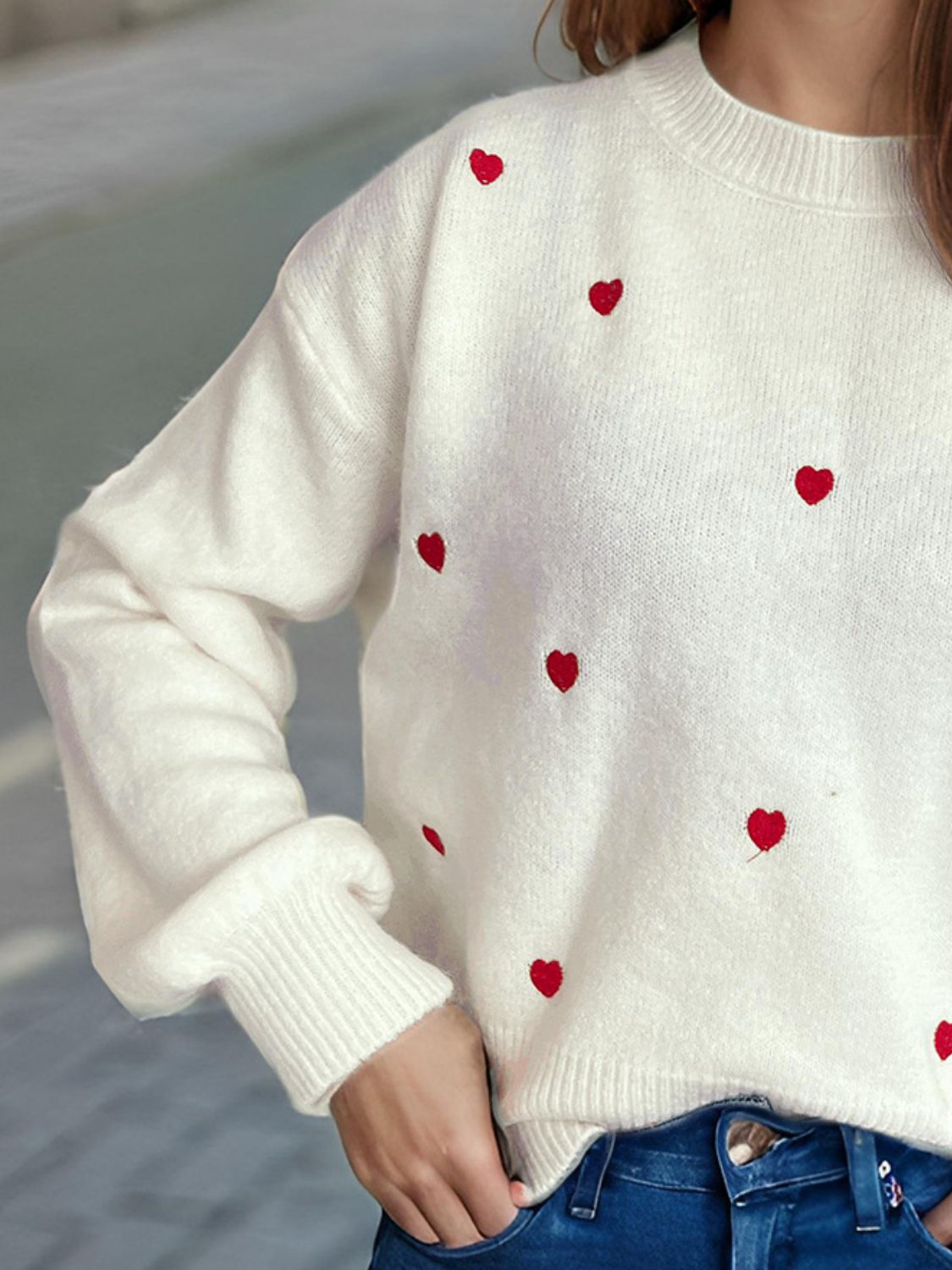 Heart Round Neck Long Sleeve Sweater Trendsi