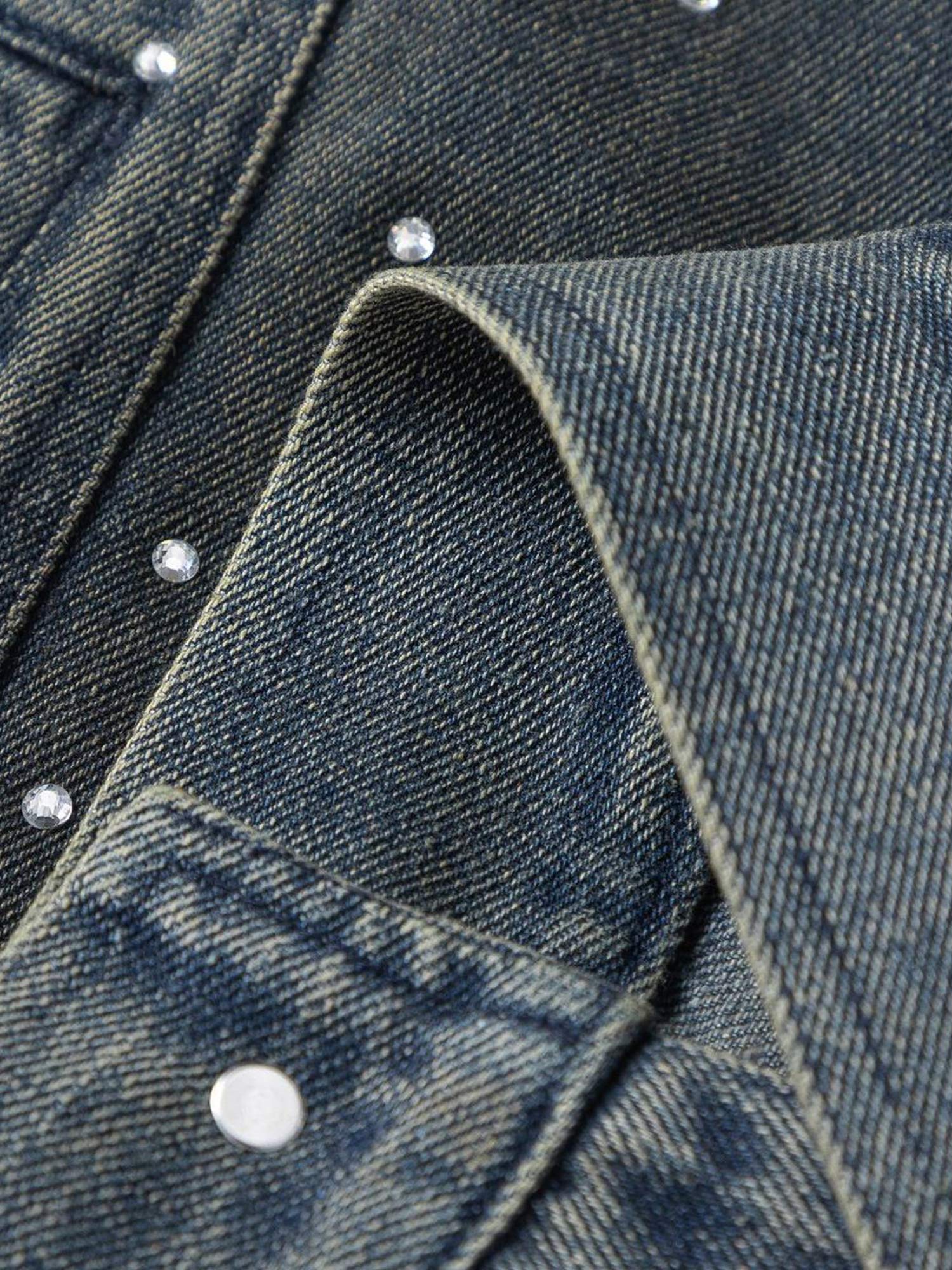 Sneakerhill Hip-hop Beaded Washed Denim Jacket - sneakerhillcom