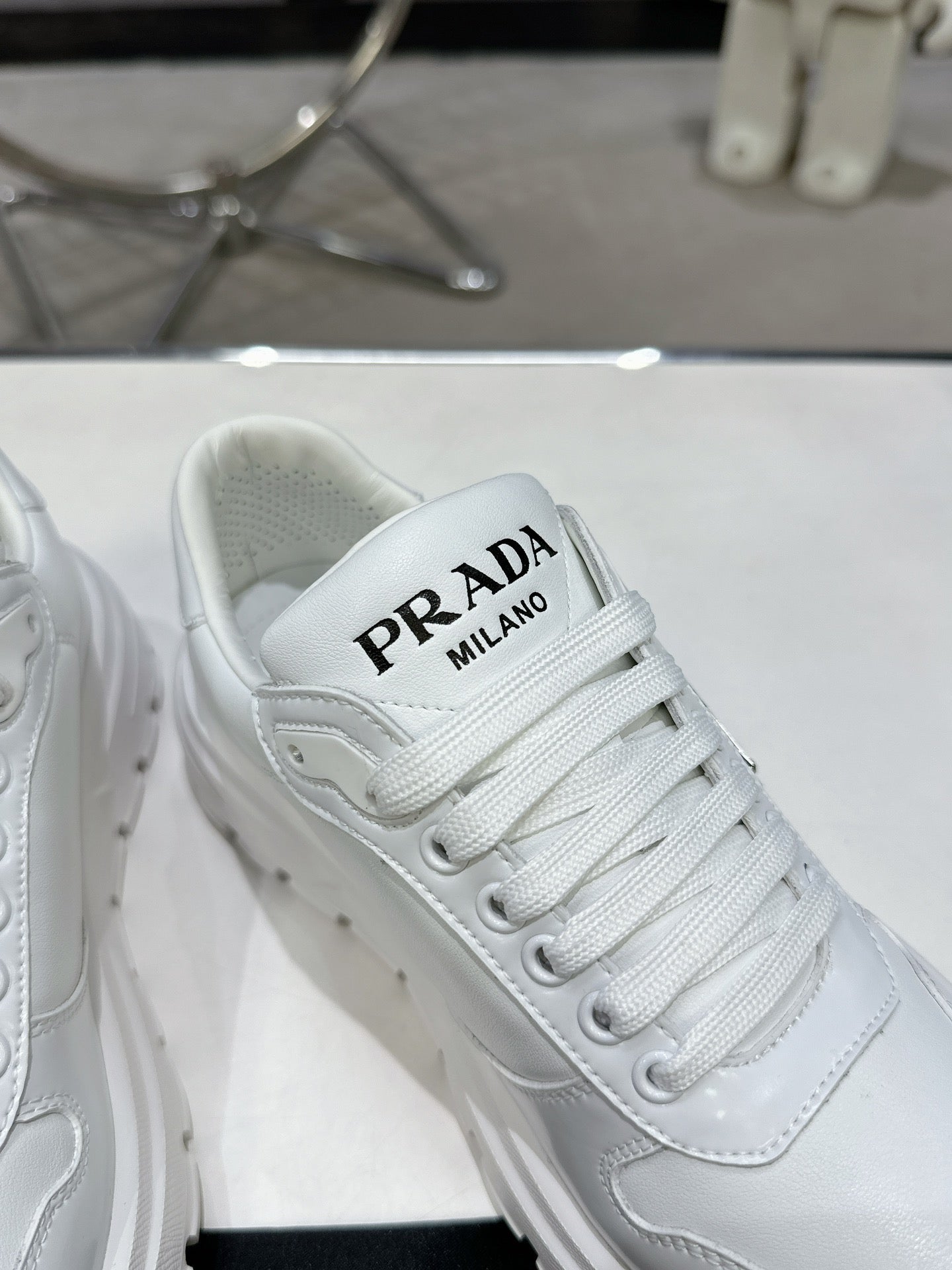 PRD Triangle Logo Leather Sneakers Triple White-046 - sneakerhillcom