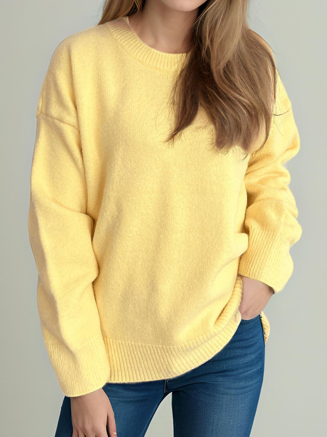 Round Neck Dropped Shoulder Long Sleeve Sweater Trendsi