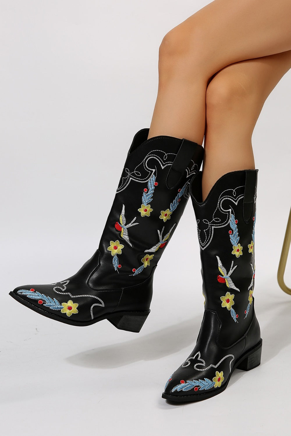 Embroidered Point Toe Block Heel Boots Trendsi