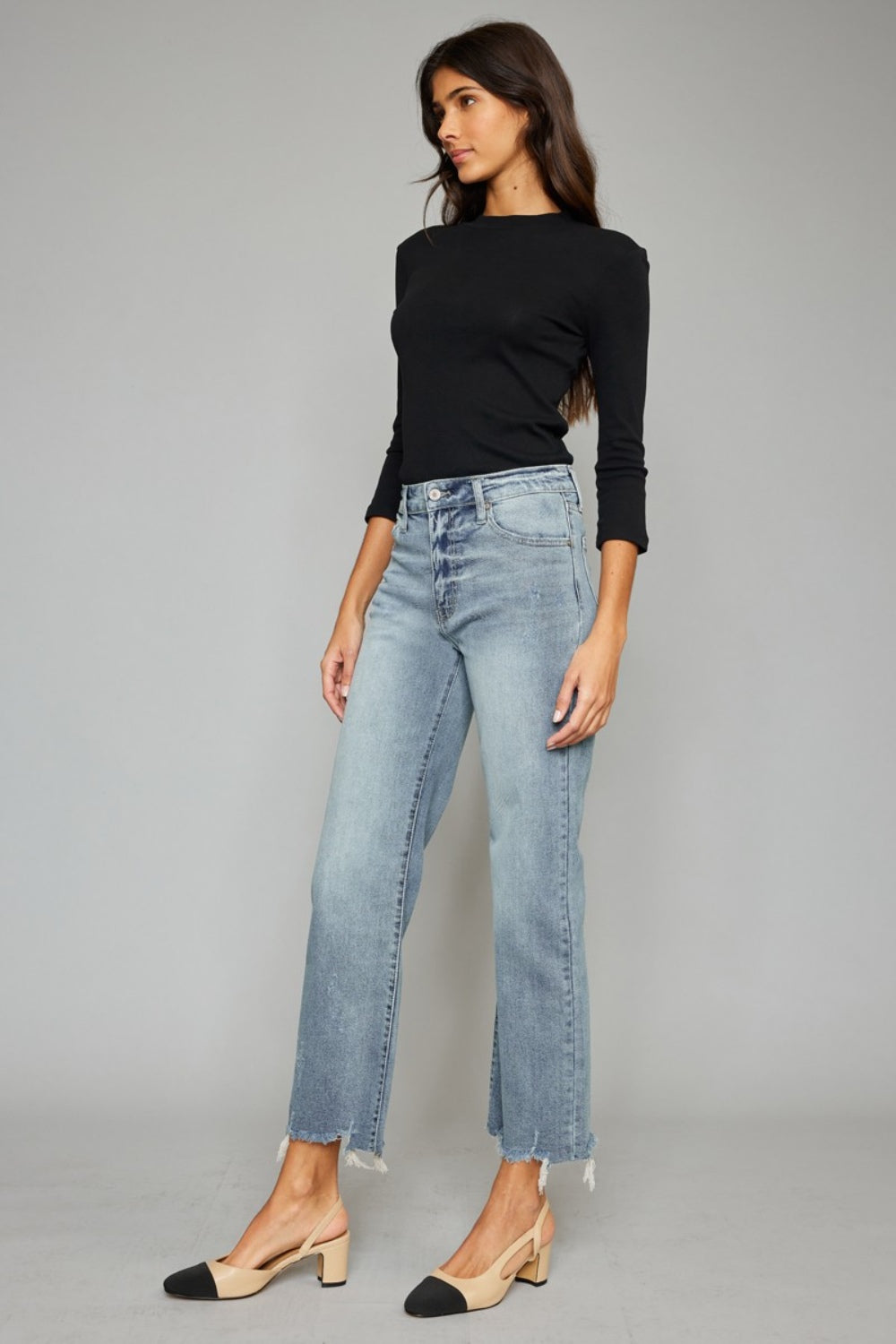 Kancan High Waist Raw Hem Cropped Wide Leg Jeans Trendsi