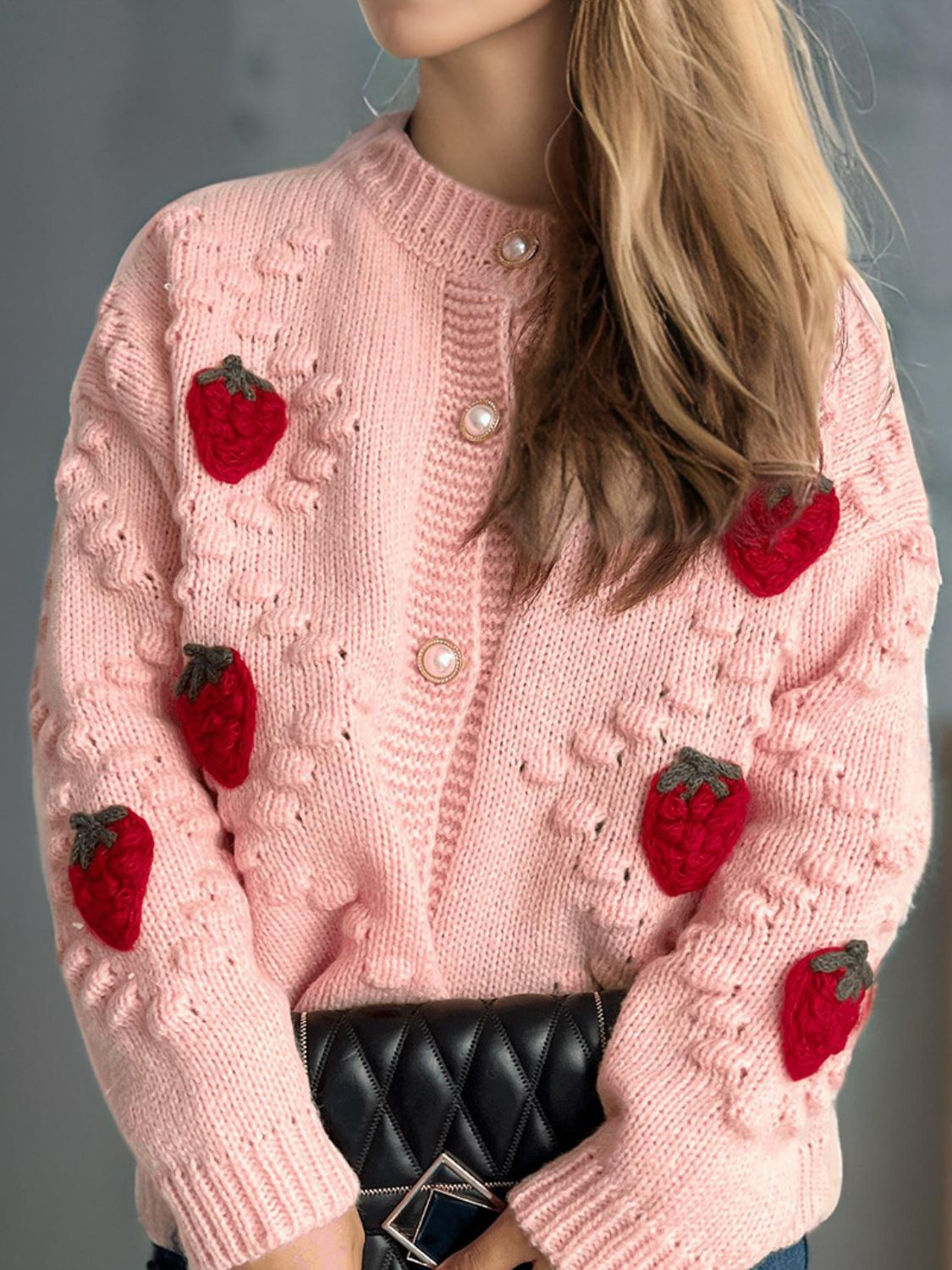 Strawberry Button Down Long Sleeve Cardigan Trendsi