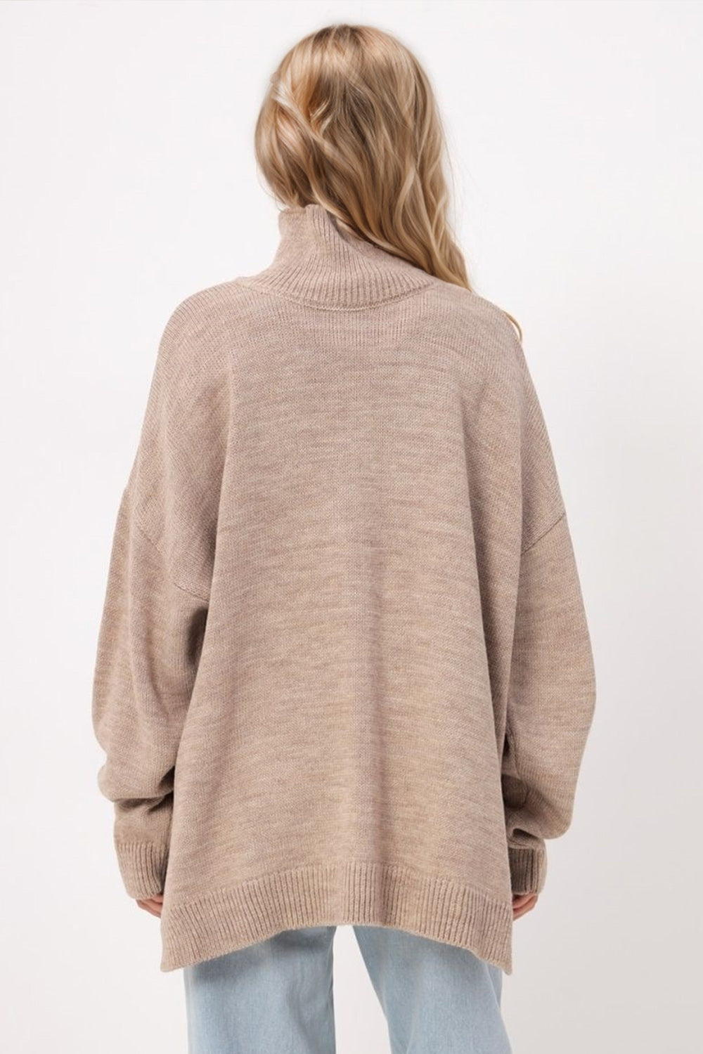 Basic Bae Side Slit Turtleneck Long Sleeve Sweater Trendsi