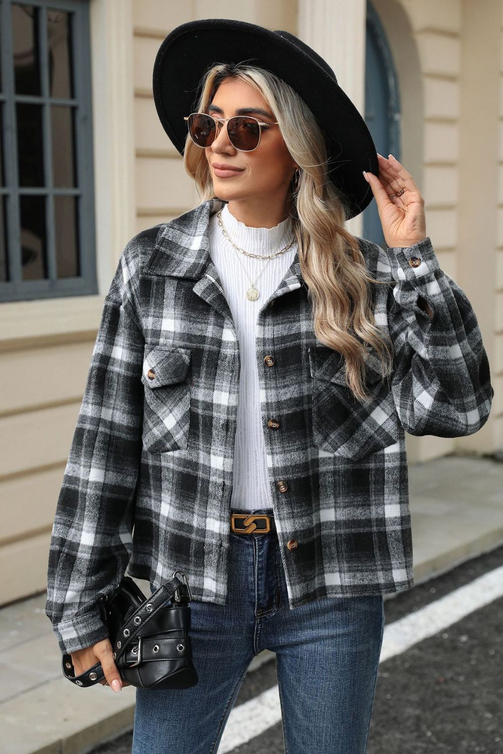 Pocketed Plaid Collared Neck Dropped Shoulder Jacket Trendsi