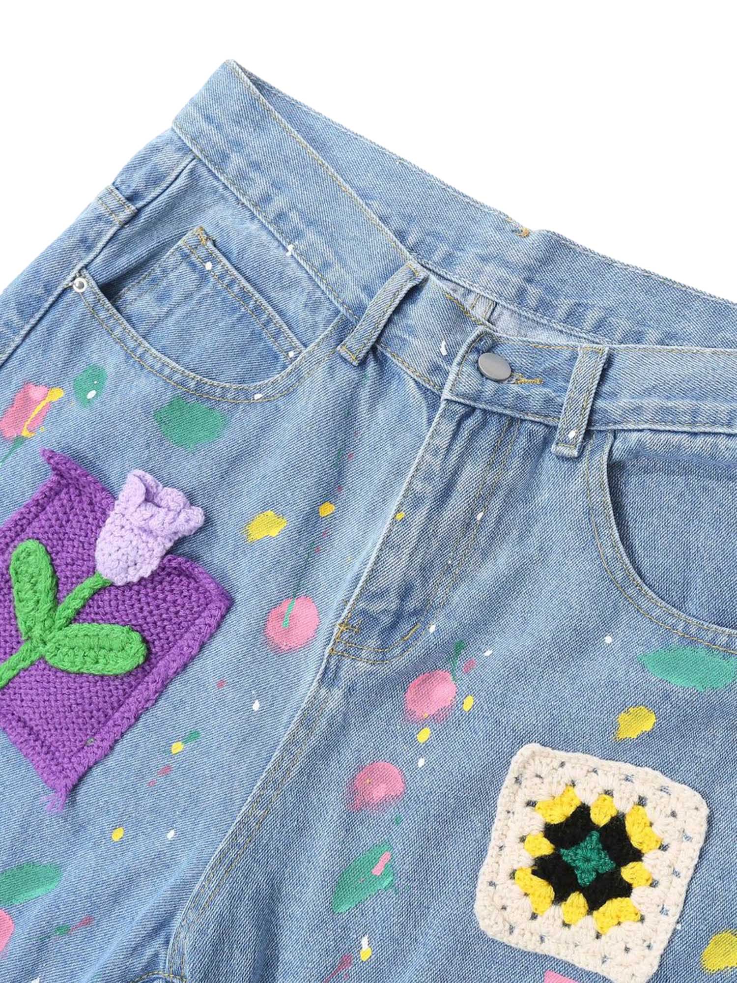 Street Patch Flower Embroidered Cat Whiskers Denim Shorts- 2032