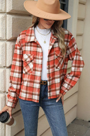 Pocketed Plaid Collared Neck Dropped Shoulder Jacket Trendsi