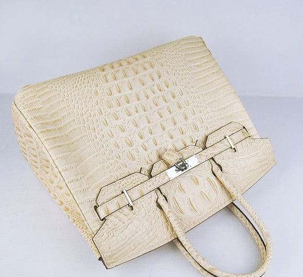 HMS Birkin 35cm Crocodile Head Veins Handbags Beige Silver - sneakerlandnet