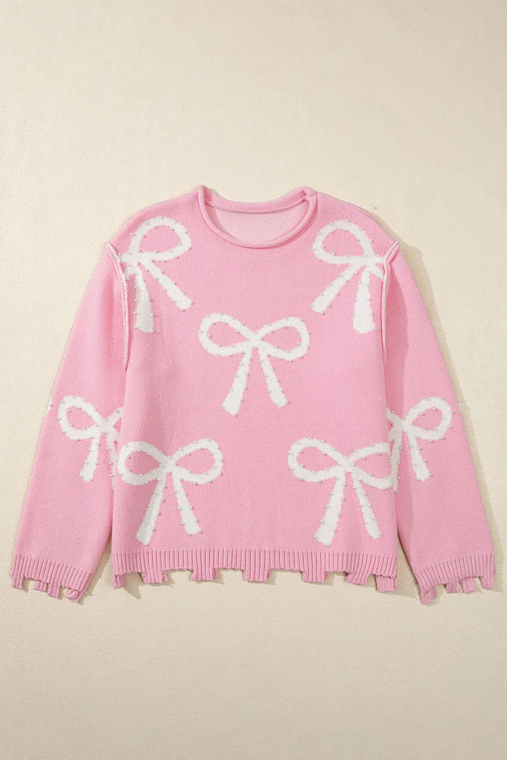 Pearl Detail Bow Round Neck Long Sleeve Sweater Trendsi