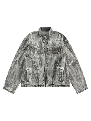 Sneakerhill Hip-hop Distressed Washed Printed Denim Jacket - sneakerhillcom