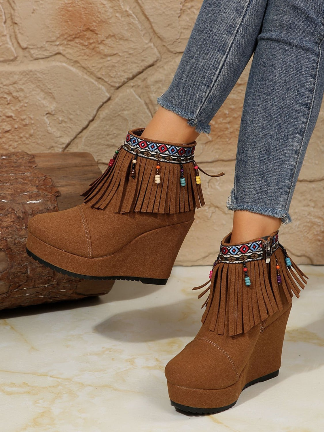 Fringe Suede Wedge Boots Trendsi