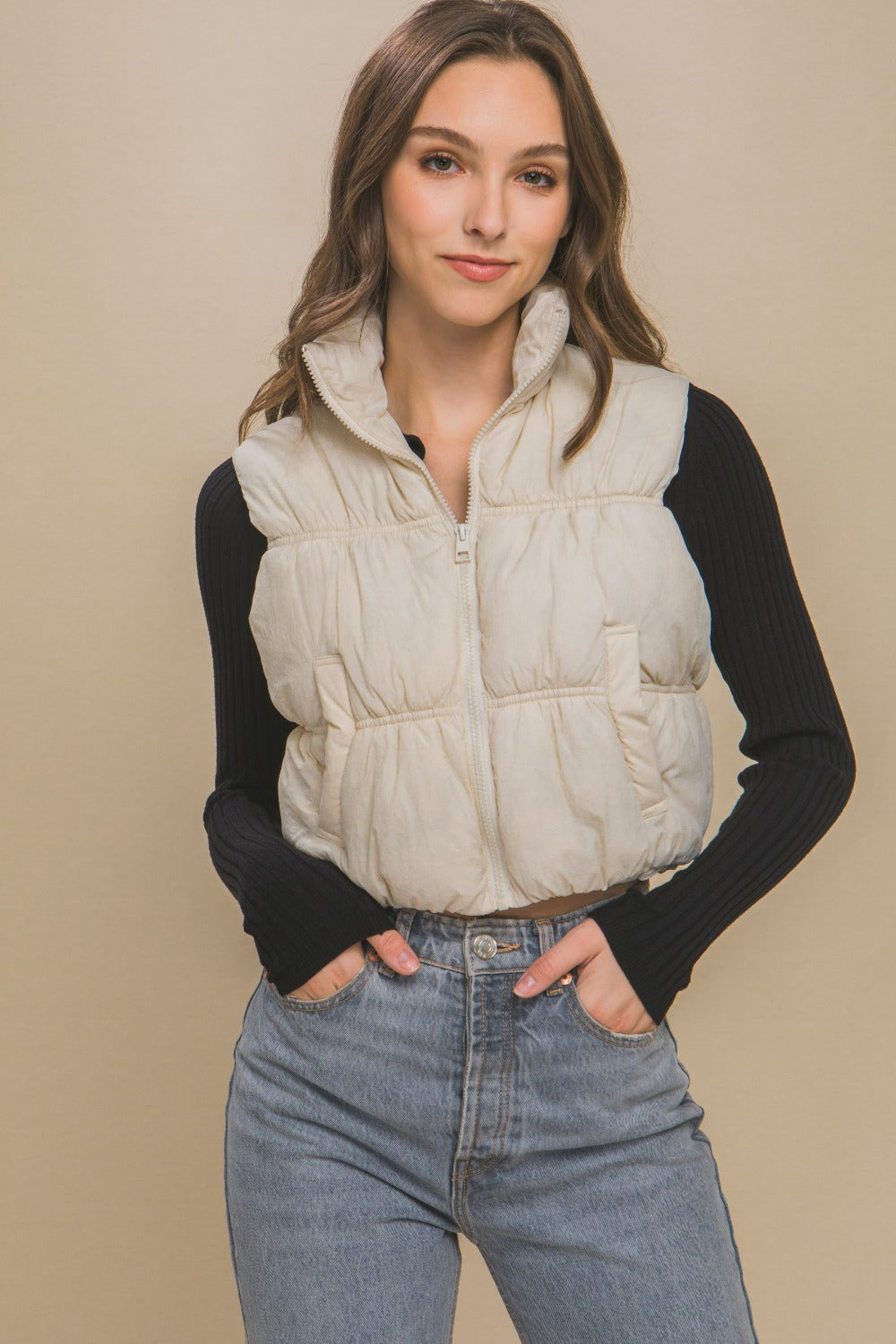 Love Tree Zip Up Turtleneck Cropped Vest Coat Trendsi