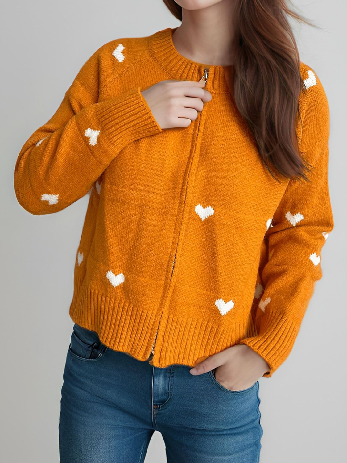 Heart Round Neck Zip Up Cardigan Trendsi