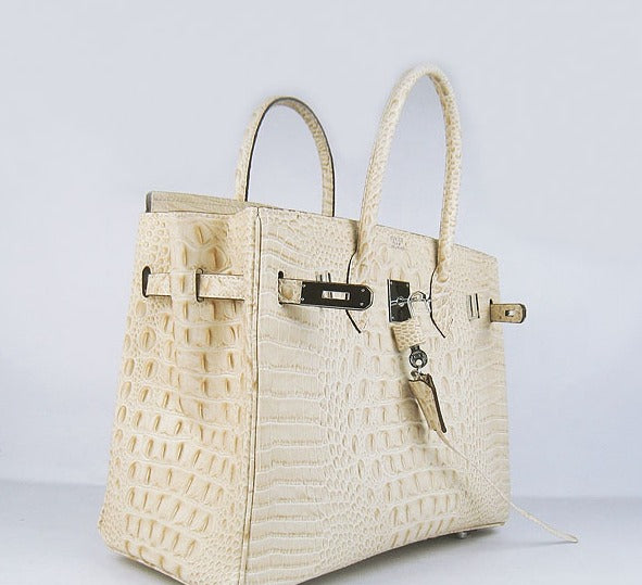 HMS Birkin 35cm Crocodile Head Veins Handbags Beige Silver - sneakerlandnet