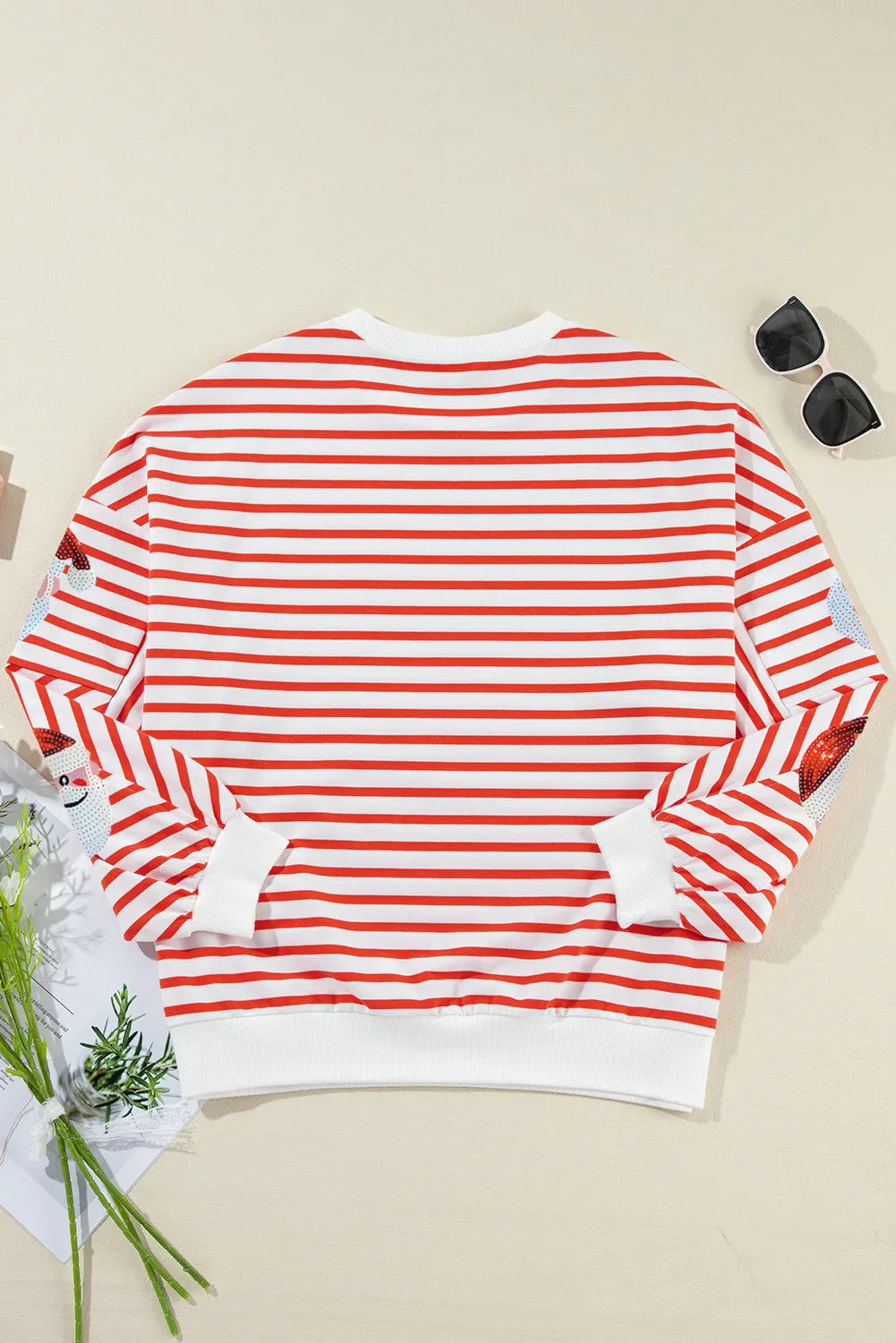 Sequin Santa Striped Round Neck Long Sleeve Sweatshirt Trendsi