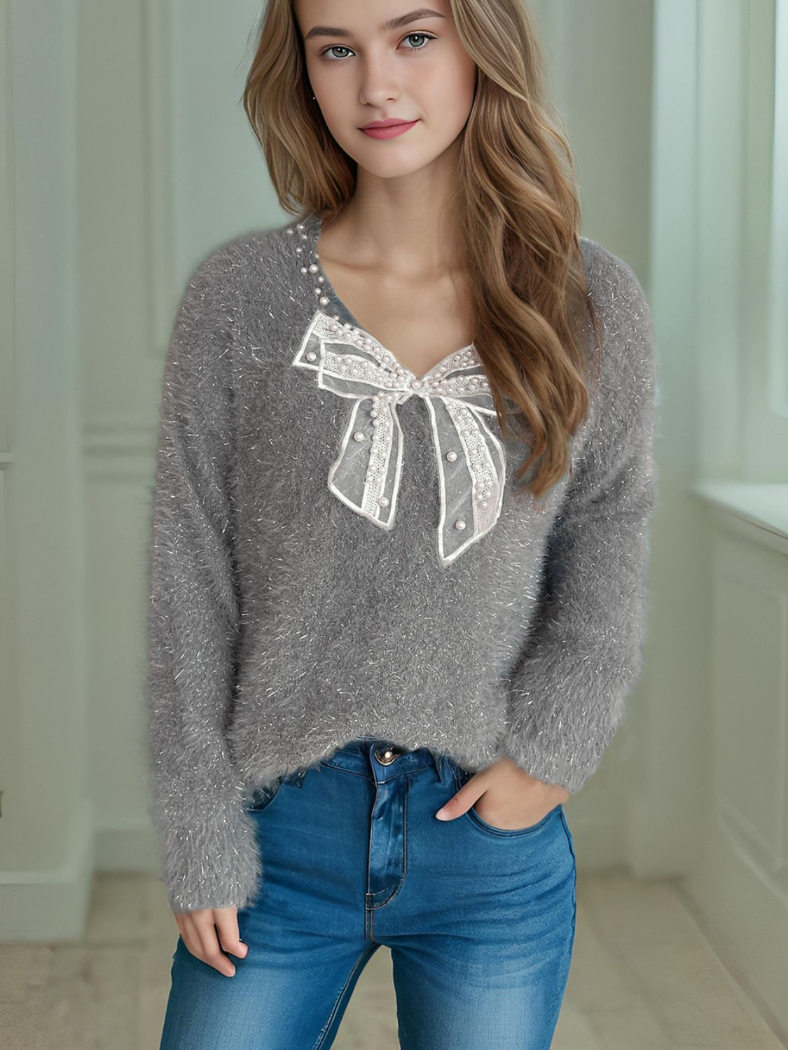 Bow Pearl Detail V-Neck Long Sleeve Sweater Trendsi