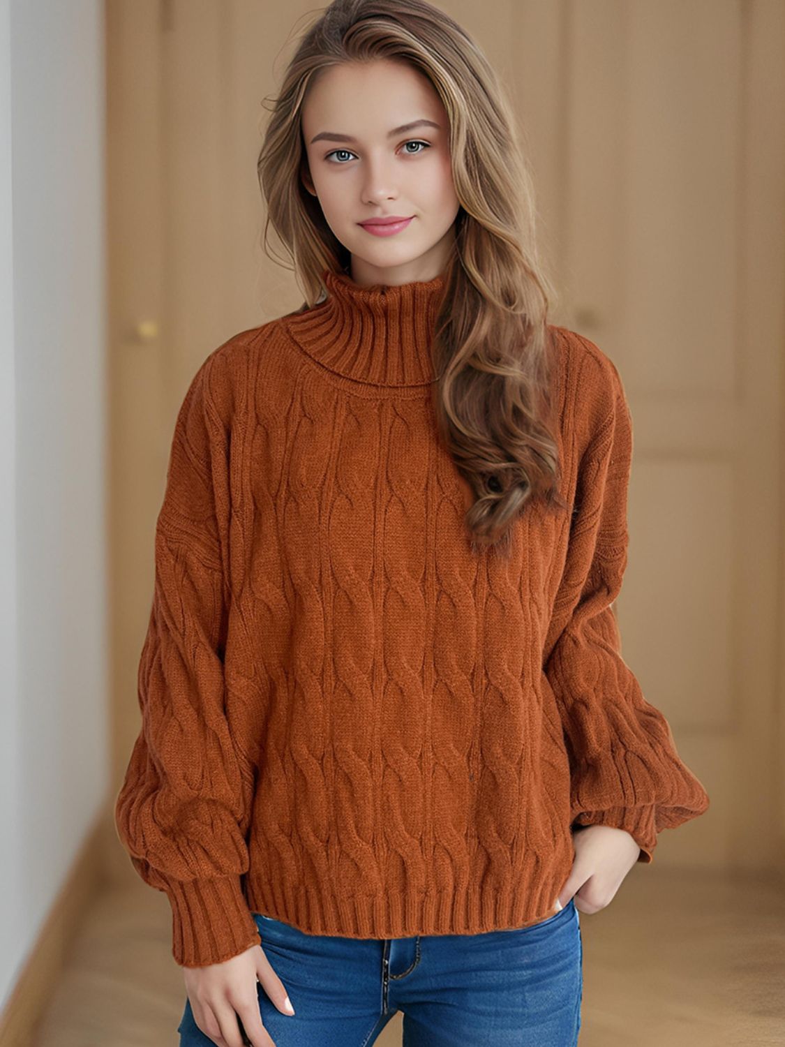 Cable-Knit Turtleneck Long Sleeve Sweater Trendsi