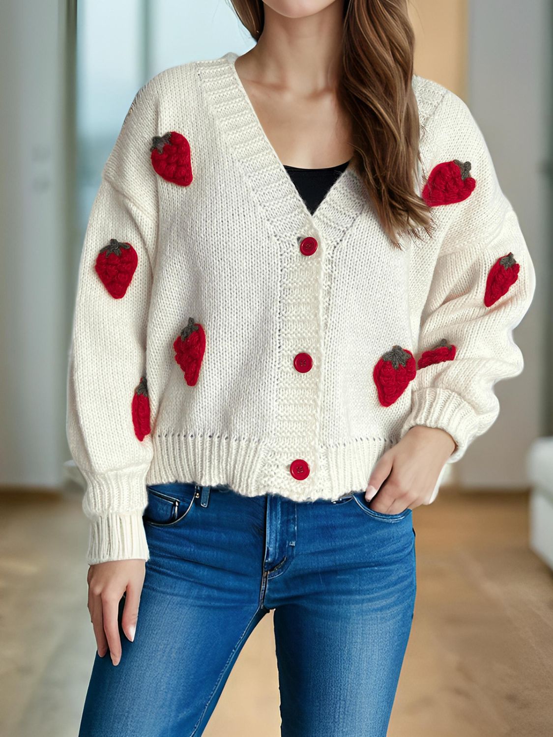 Crochet Strawberry V-Neck Long Sleeve Cardigan Trendsi