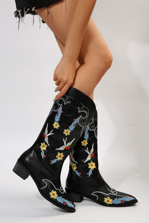 Embroidered Point Toe Block Heel Boots Trendsi