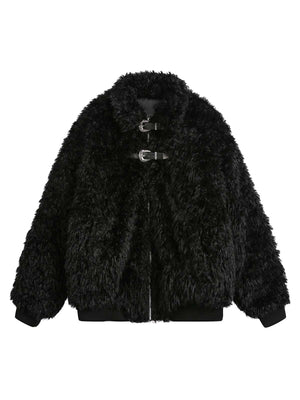 Sneakerhill Metal leather button Faux Fur Jacket - sneakerhillcom