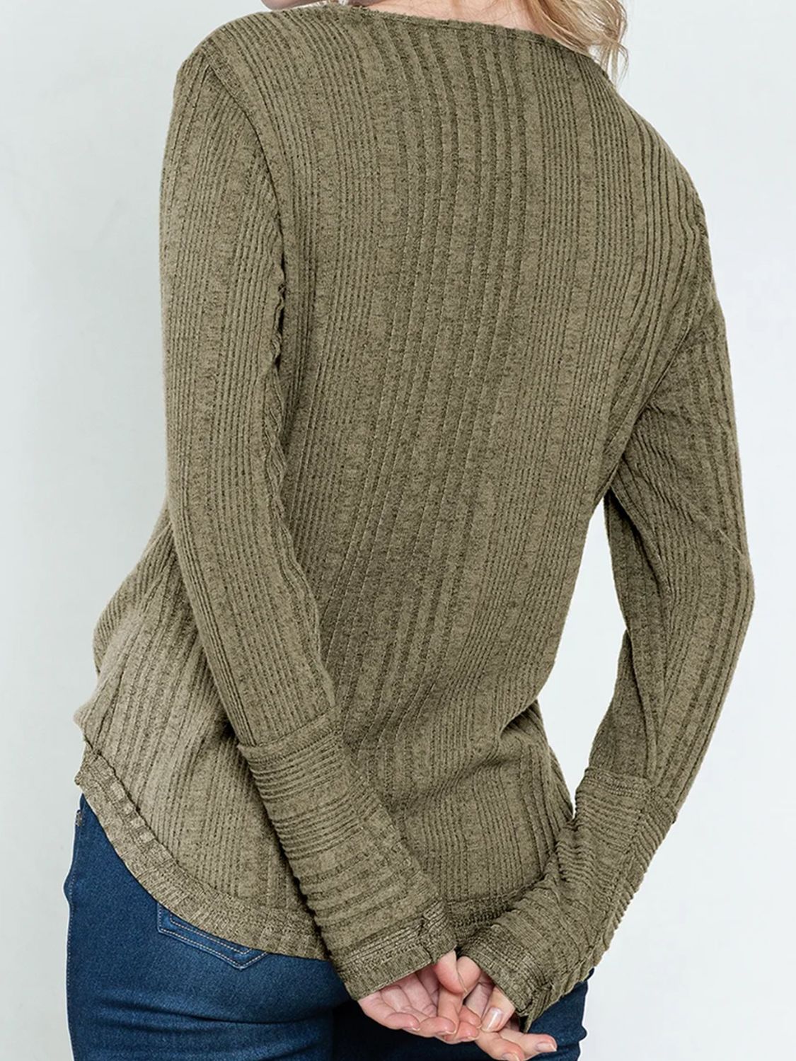 Textured V-Neck Long Sleeve T-Shirt Trendsi