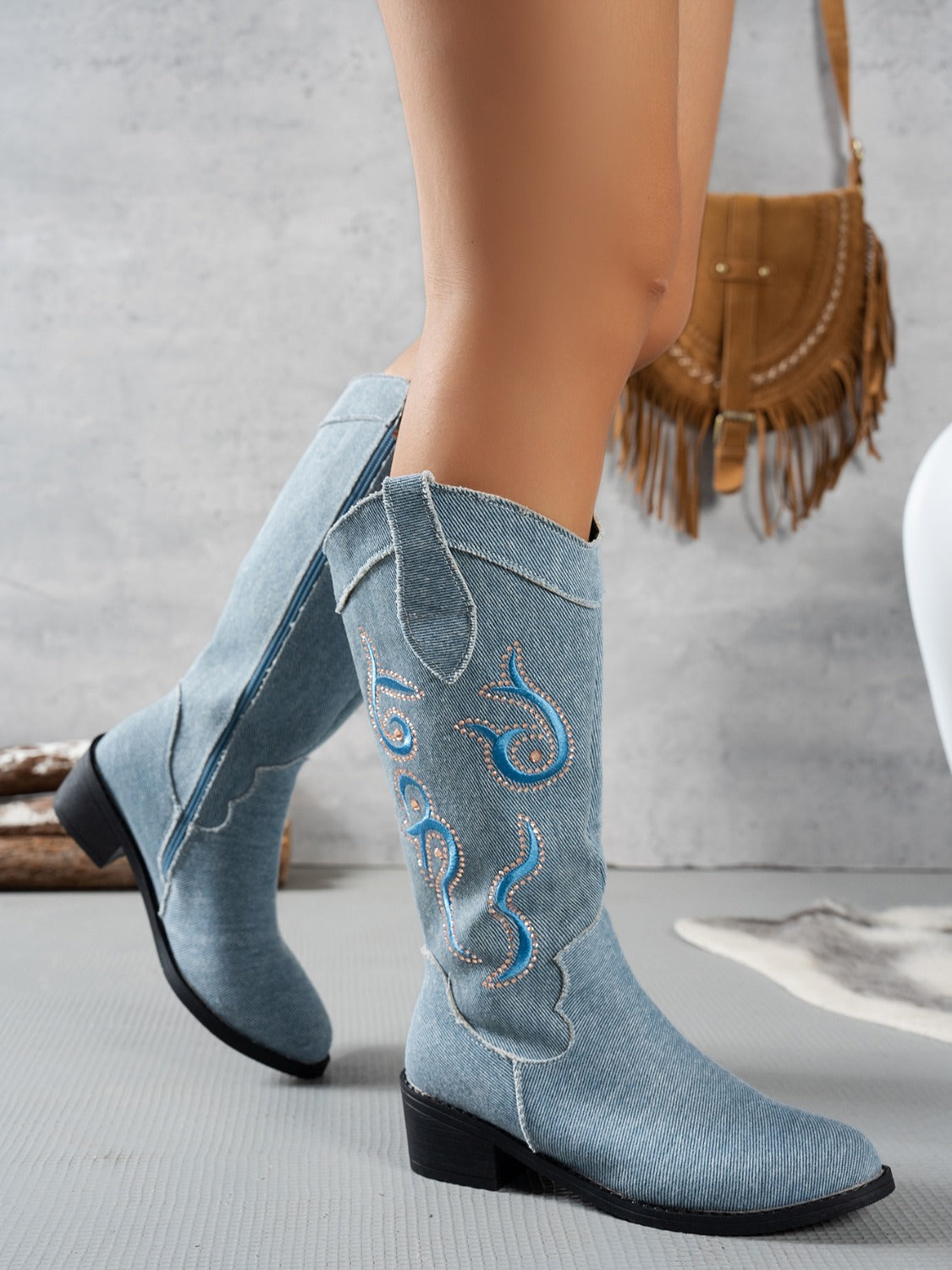 Embroidered Point Toe Block Heel Boots Trendsi