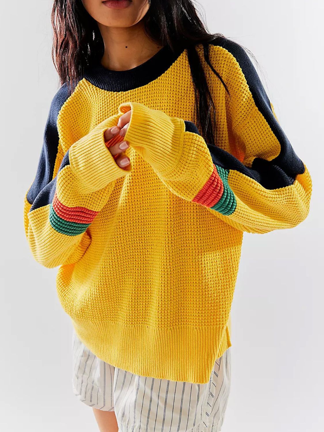 Waffle-Knit Contrast Round Neck Sweater Trendsi