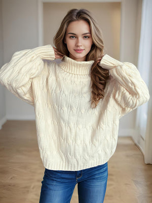 Cable-Knit Turtleneck Long Sleeve Sweater Trendsi