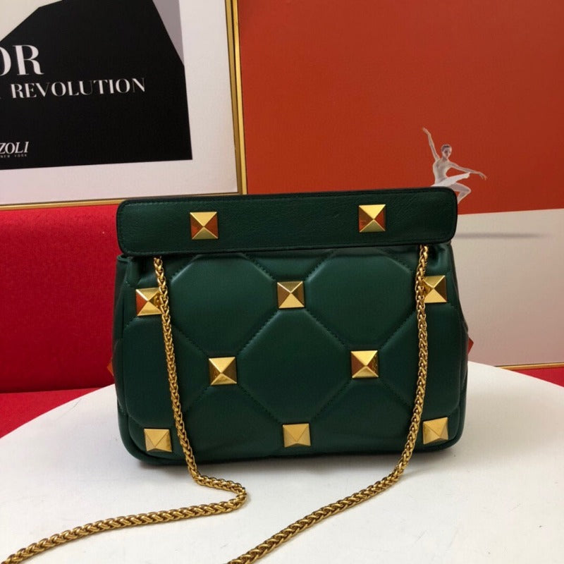 Sneakerhill - Rivet Shoulder Bag With Chain Green - sneakerhillcom