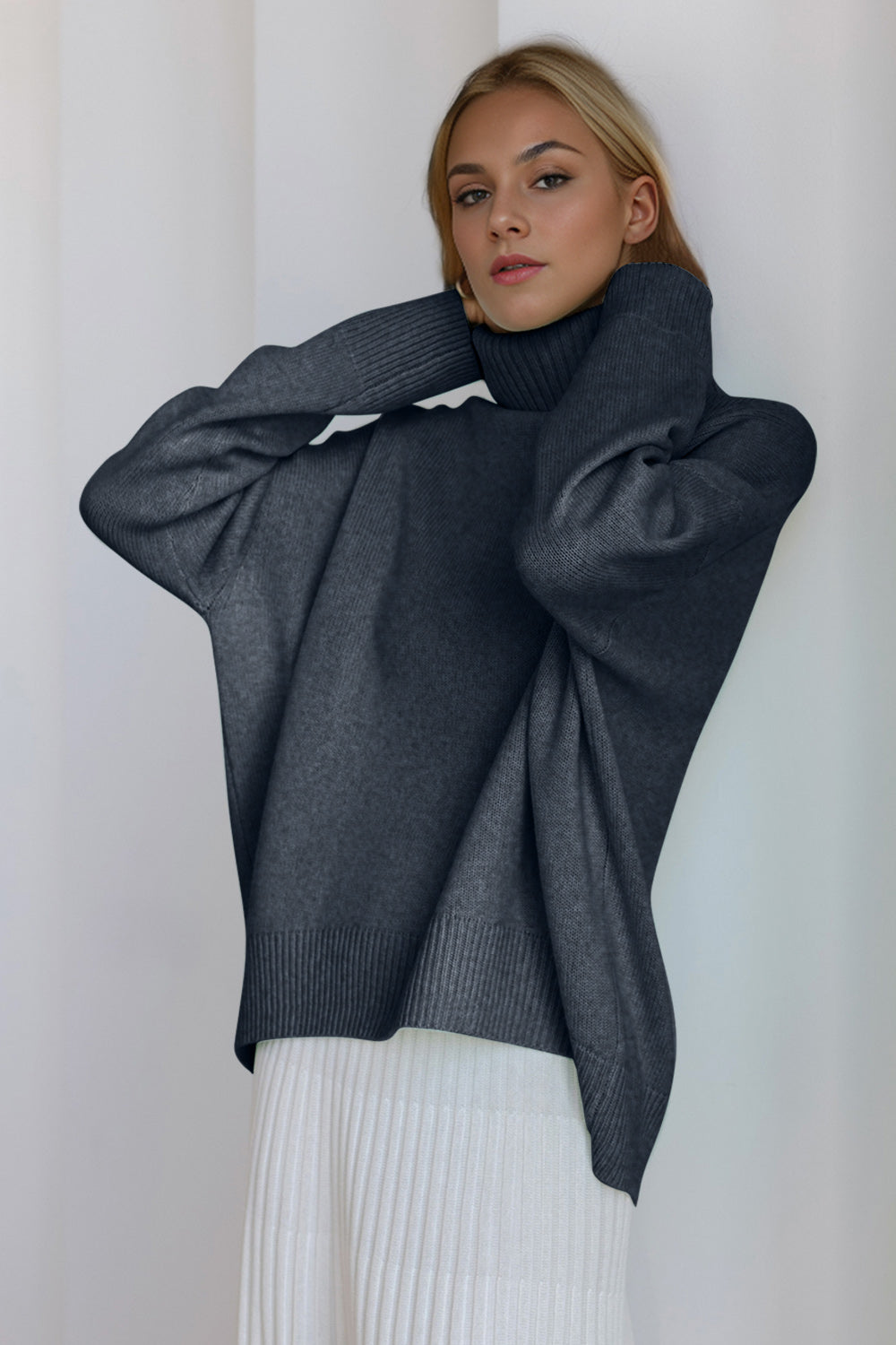 Basic Bae Turtleneck Dropped Shoulder Long Sleeve Sweater Trendsi