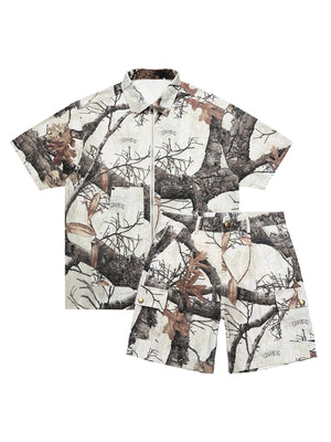 Sneakerhill Retro Branches & Fallen Leaves Print Workwear Set SP2407224TO8