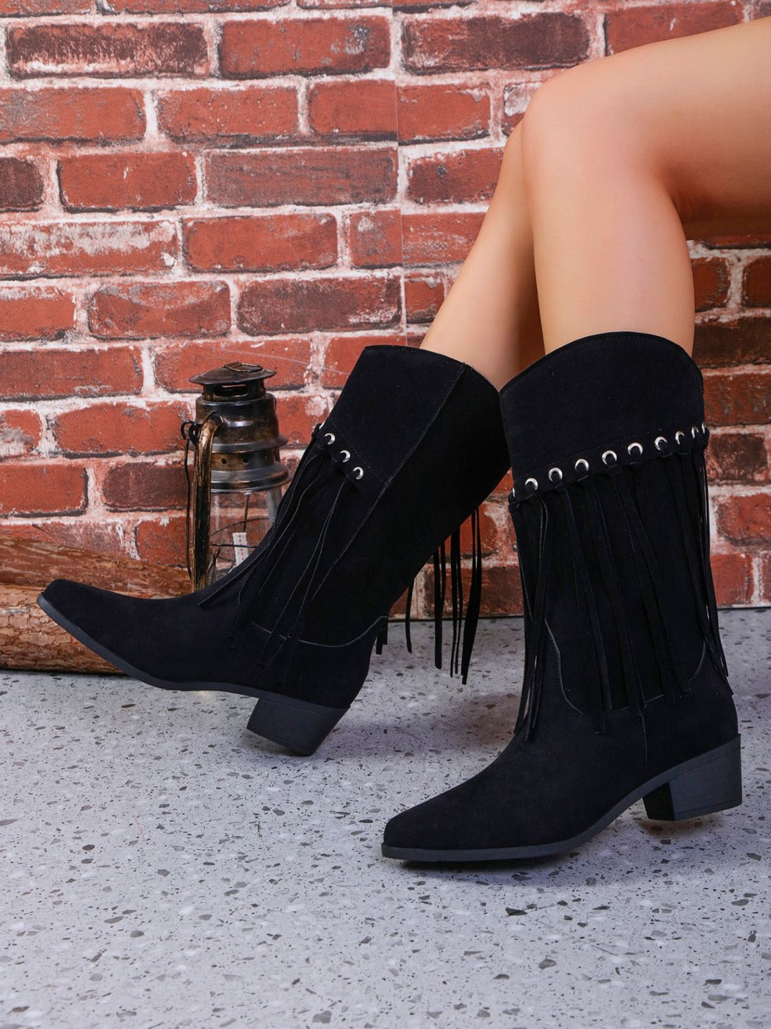 Fringe Suede Point Toe Block Heel Boots Trendsi