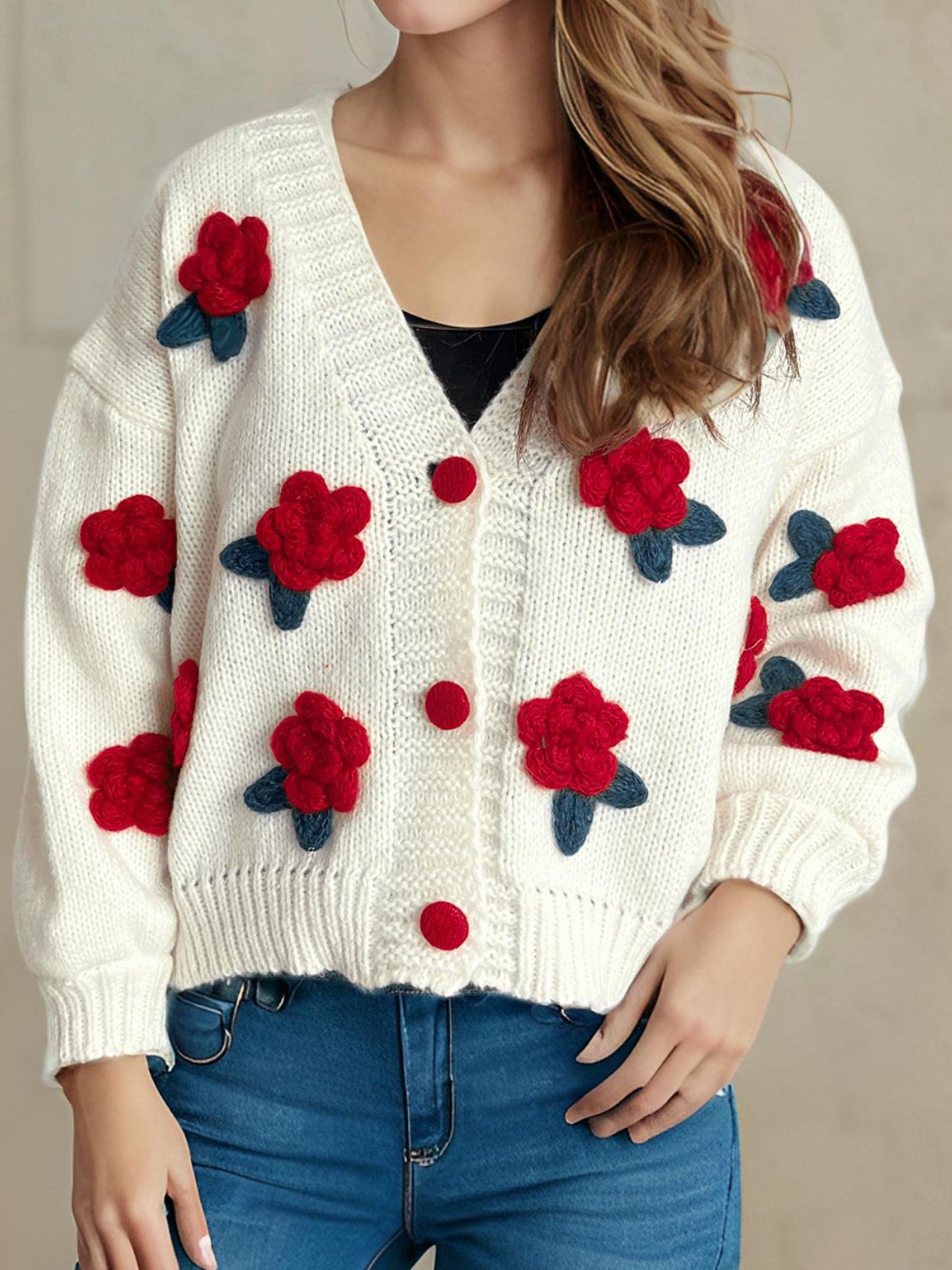 Flower Button Down V-Neck Long Sleeve Cardigan Trendsi