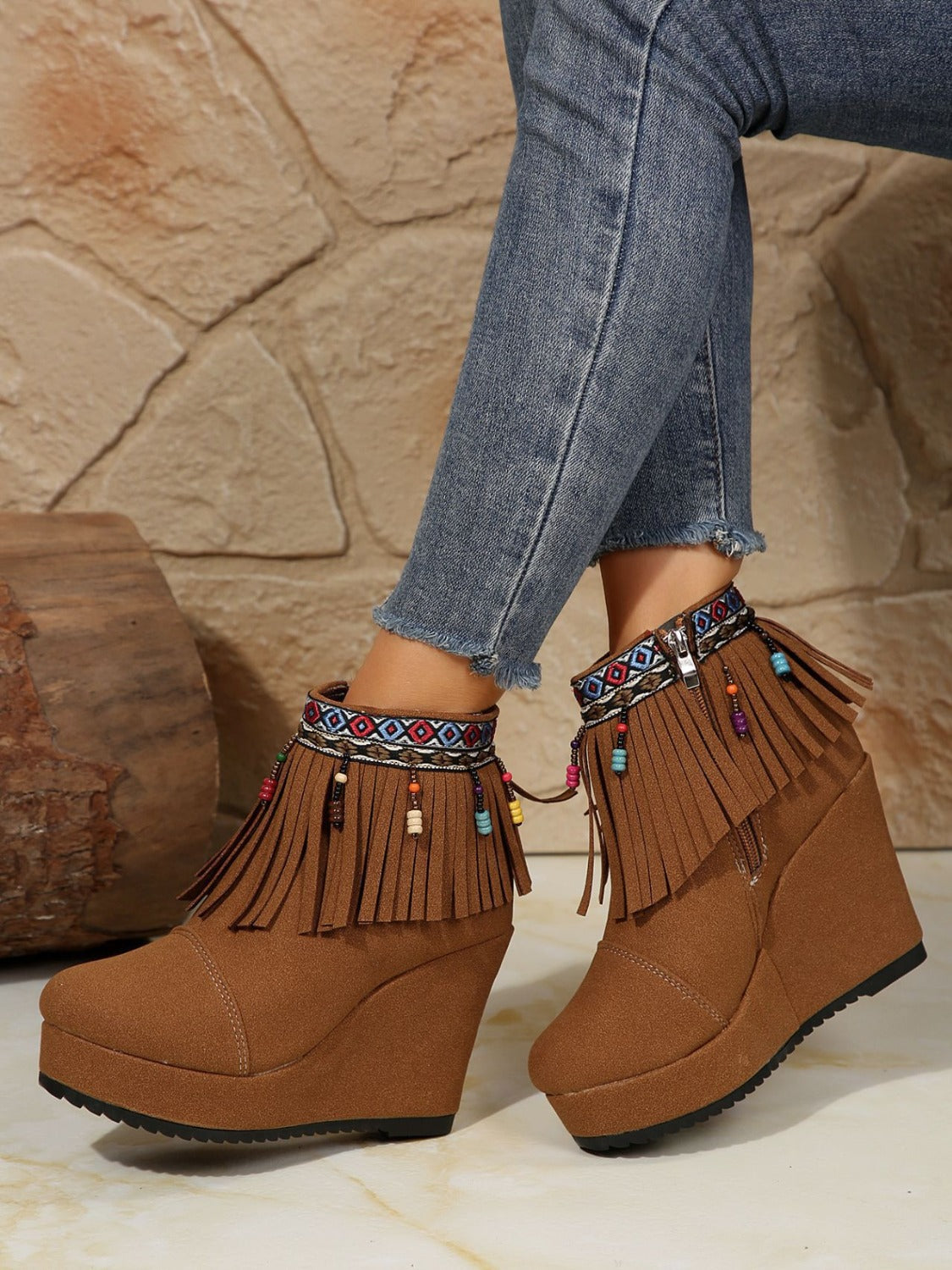 Fringe Suede Wedge Boots Trendsi